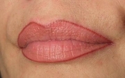 Татуаж губ с выделенным четким контуром .